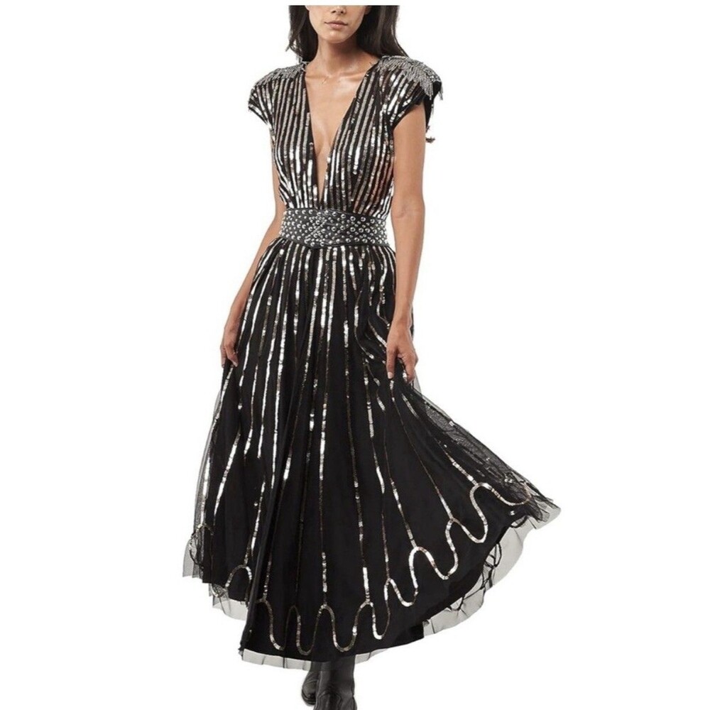 SETA Sarkisian Dress Small NWT Black Gold Sequin Embellished Deep V Maxi Gown - Picture 4 of 16